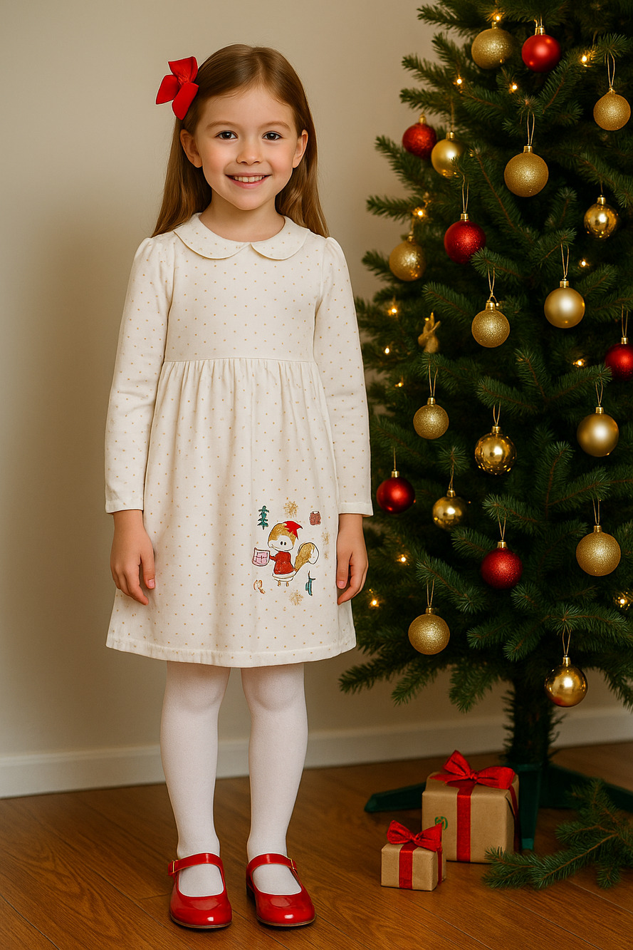 Sergent Major Long Sleeve White Gold Star Velour Holiday Dress | Girls 8 128 cm